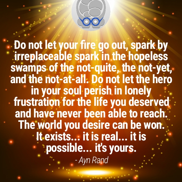 Image meme of Ayn Rand quotation: brain, neurological optimism, hope, spark