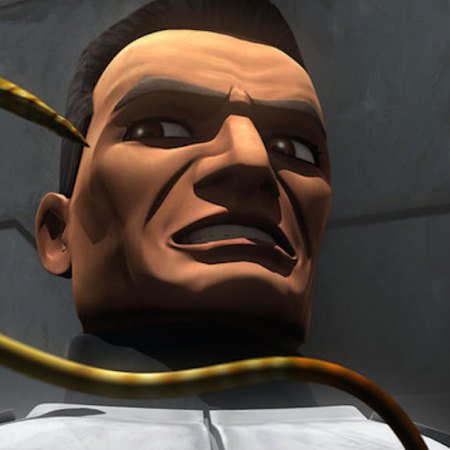 Video still shot of brain worm infesting soldier in Star Wars movie Planet Geonosis