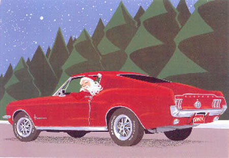 Santa Claus driving a Ford Mustang car Santa Claus driving to Detroit in a red vintage Ford Mustang car to find interesting rare unique Christmas songs as a form of music therapy